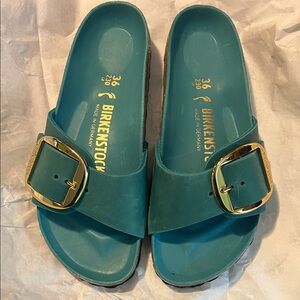 Birkenstock Turquoise Madrid Slides with Gold Buckle